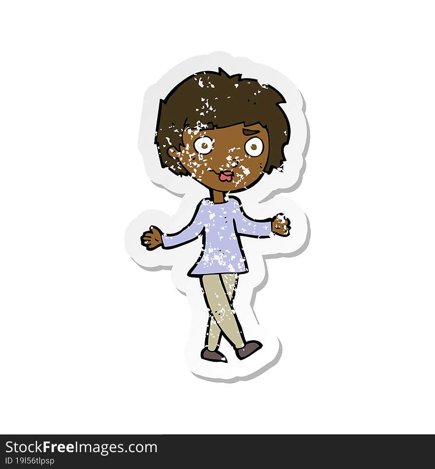 retro distressed sticker of a cartoon confused woman