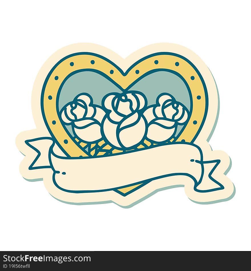 sticker of tattoo in traditional style of a heart and banner with flowers. sticker of tattoo in traditional style of a heart and banner with flowers