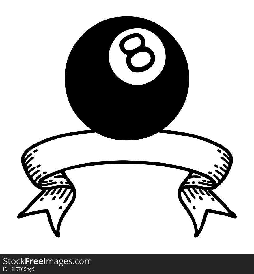 black linework tattoo with banner of a 8 ball