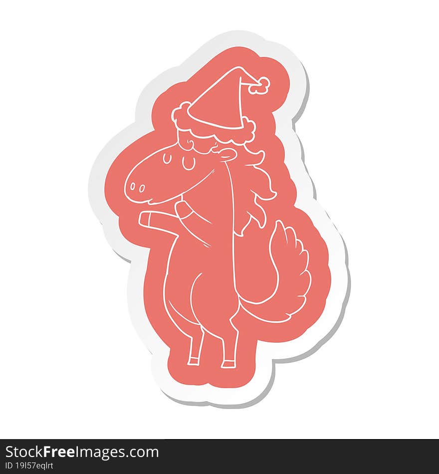 Cartoon  Sticker Of A Horse Wearing Santa Hat