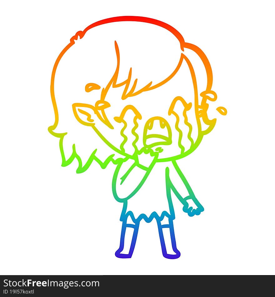 rainbow gradient line drawing cartoon crying vampire girl