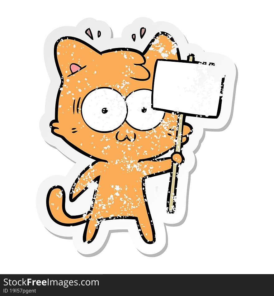 distressed sticker of a cartoon surprised cat waving sign