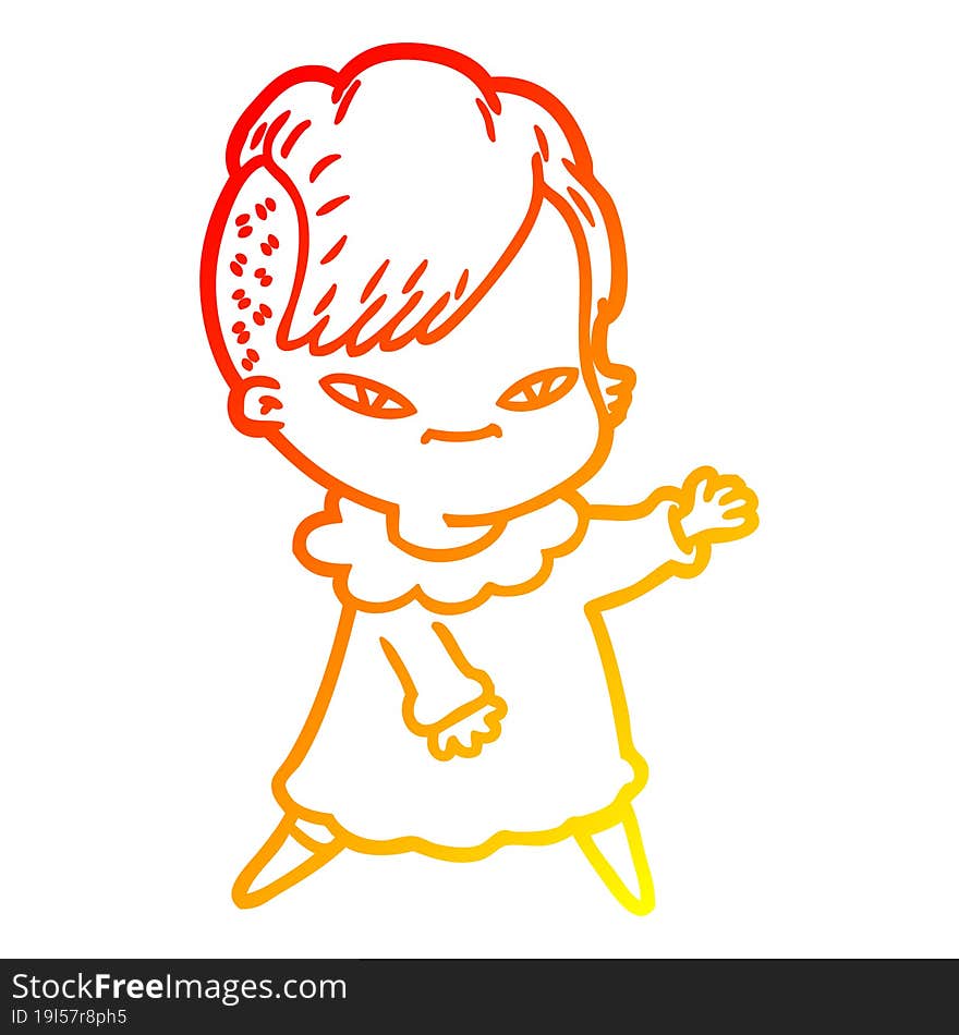 Warm Gradient Line Drawing Cute Cartoon Girl With Hipster Haircut