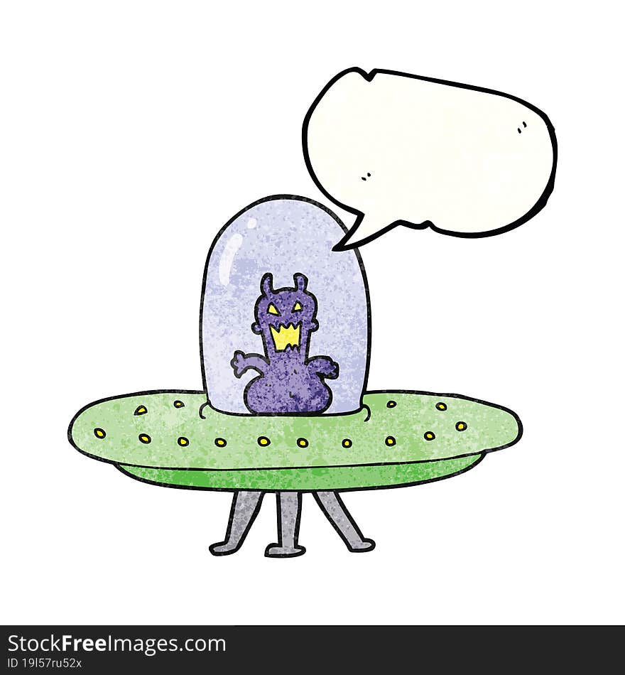 speech bubble textured cartoon alien in flying saucer