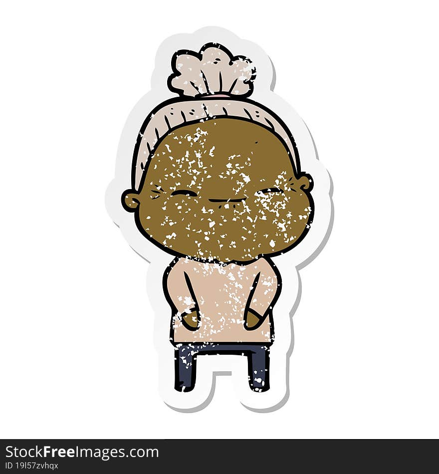 distressed sticker of a cartoon peaceful old woman