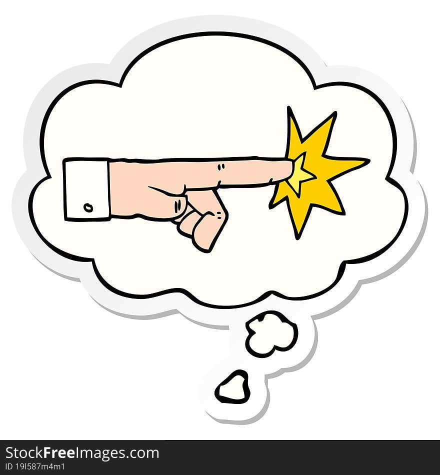 cartoon pointing hand and thought bubble as a printed sticker