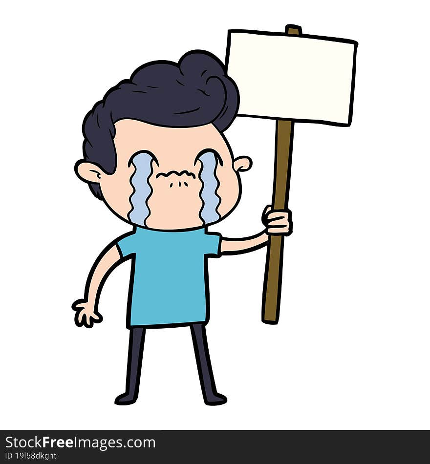 cartoon man crying holding sign. cartoon man crying holding sign