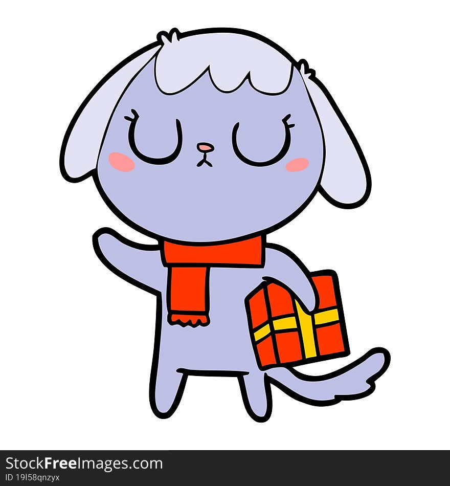 cute cartoon dog with christmas present. cute cartoon dog with christmas present