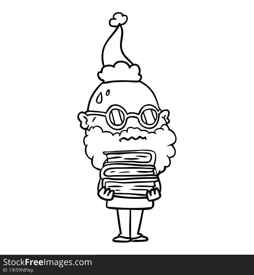 line drawing of a worried man with beard and stack of books wearing santa hat