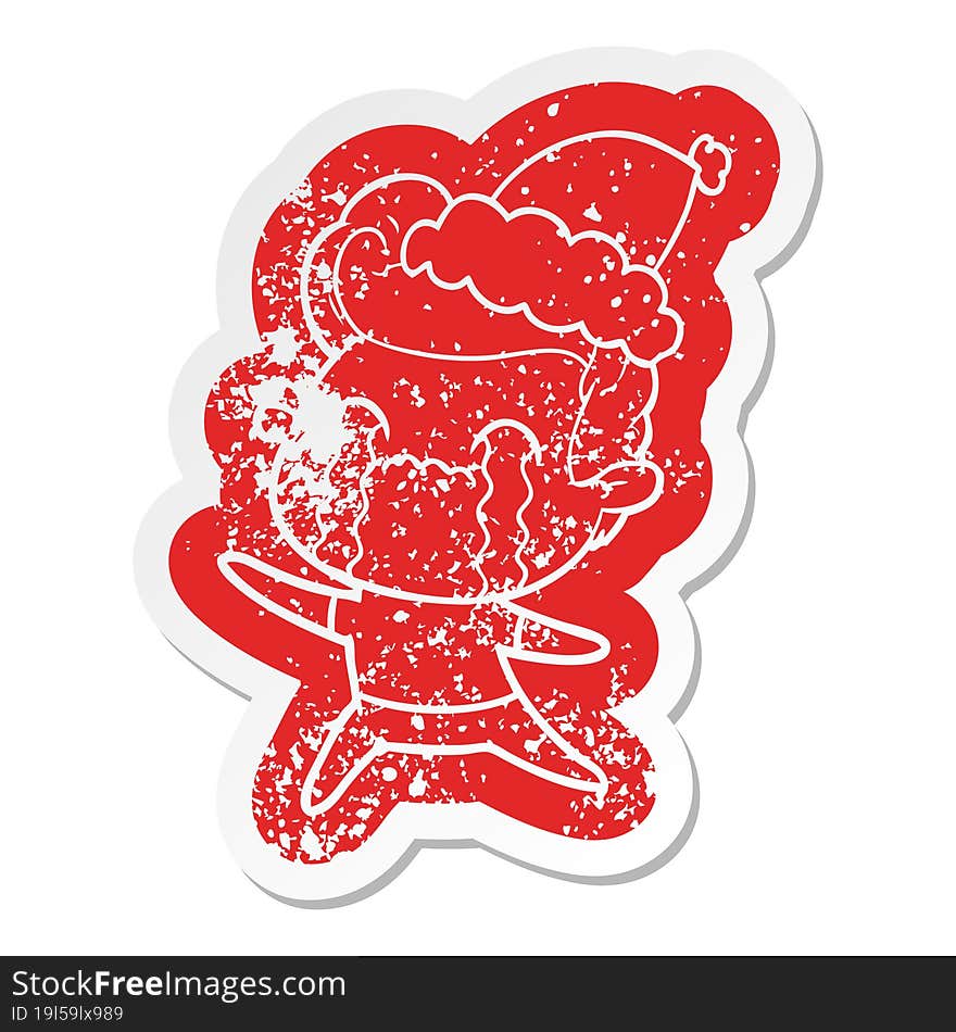 Cartoon Distressed Sticker Of A Man Crying Wearing Santa Hat