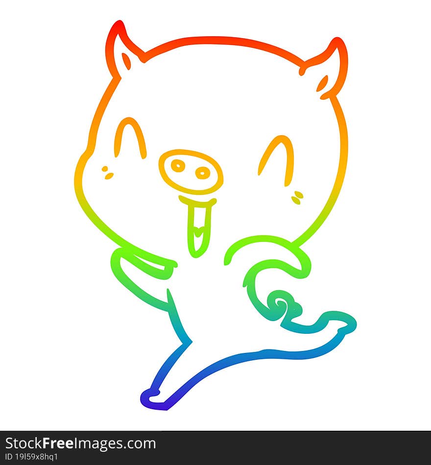 rainbow gradient line drawing of a happy cartoon pig running