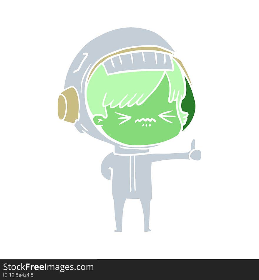 annoyed flat color style cartoon space girl giving thumbs up sign