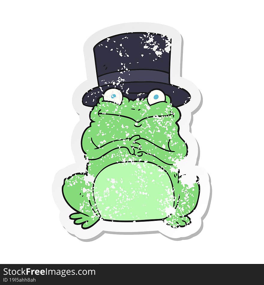 retro distressed sticker of a cartoon frog in top hat