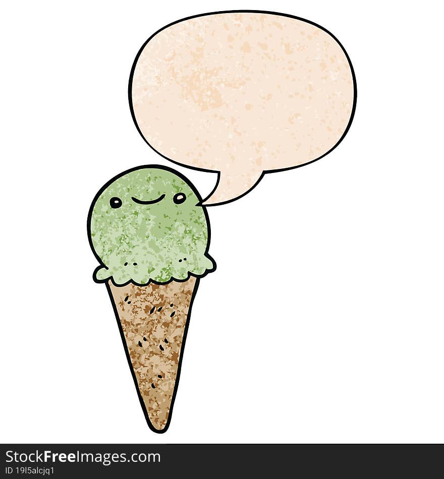 cartoon ice cream and speech bubble in retro texture style