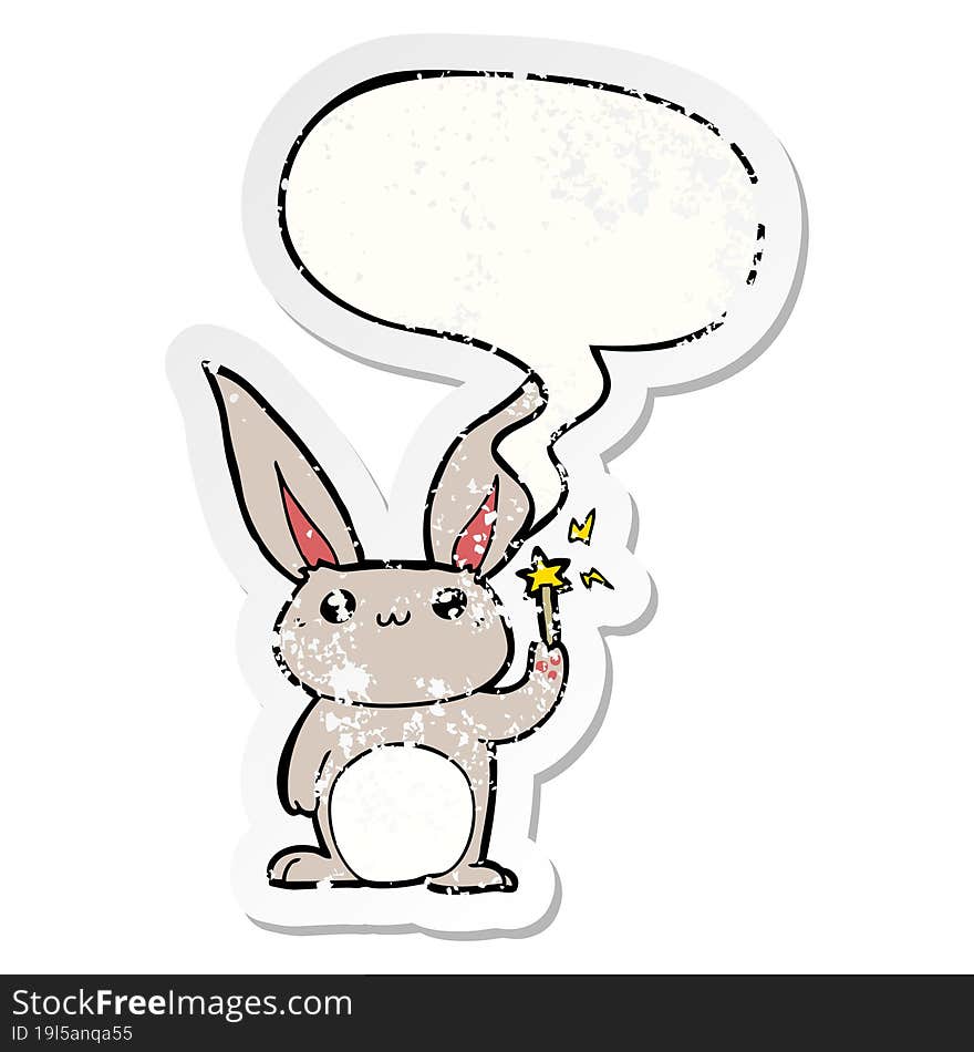 cute cartoon rabbit with speech bubble distressed distressed old sticker. cute cartoon rabbit with speech bubble distressed distressed old sticker