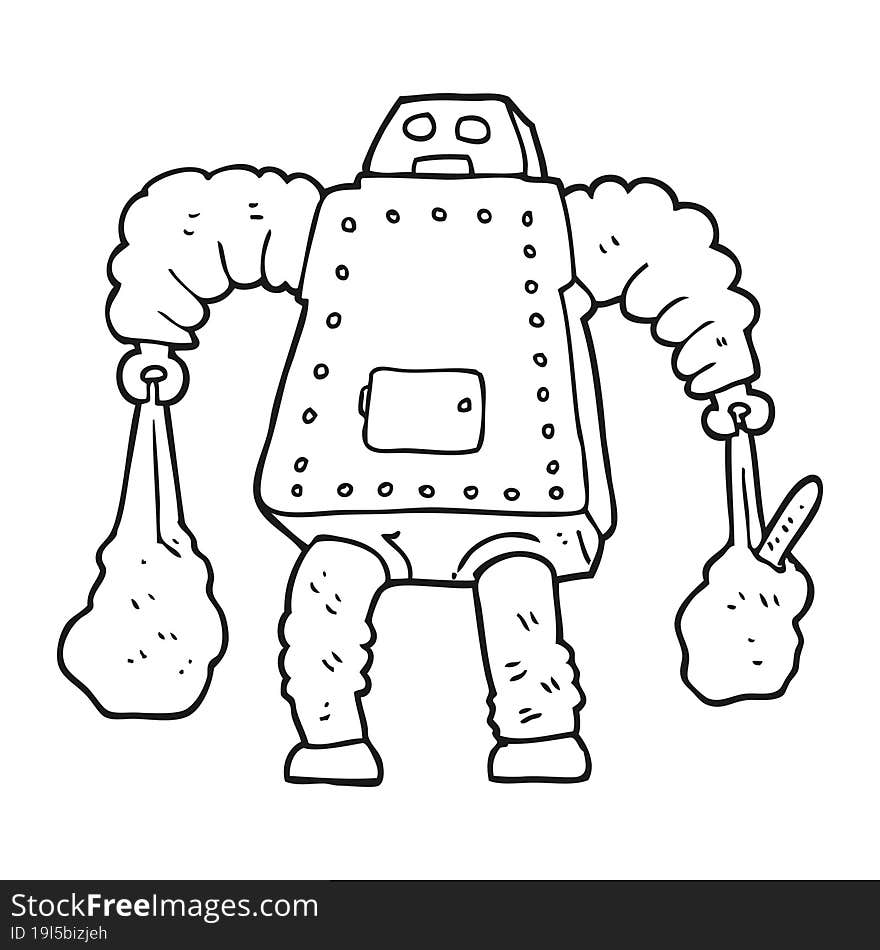 black and white cartoon robot carrying shopping