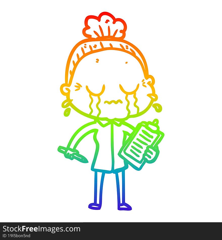 Rainbow Gradient Line Drawing Cartoon Crying Old Lady