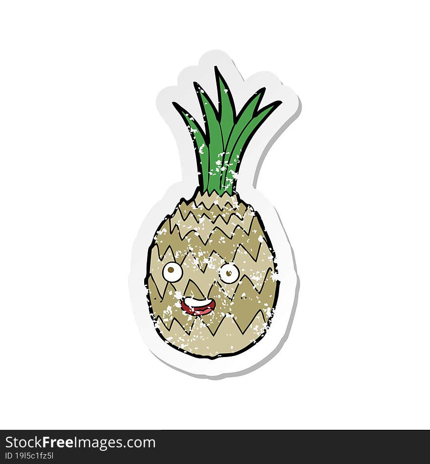 retro distressed sticker of a cartoon happy pineapple