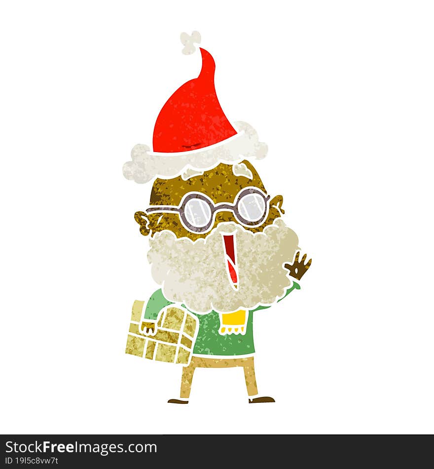 hand drawn retro cartoon of a joyful man with beard and parcel under arm wearing santa hat