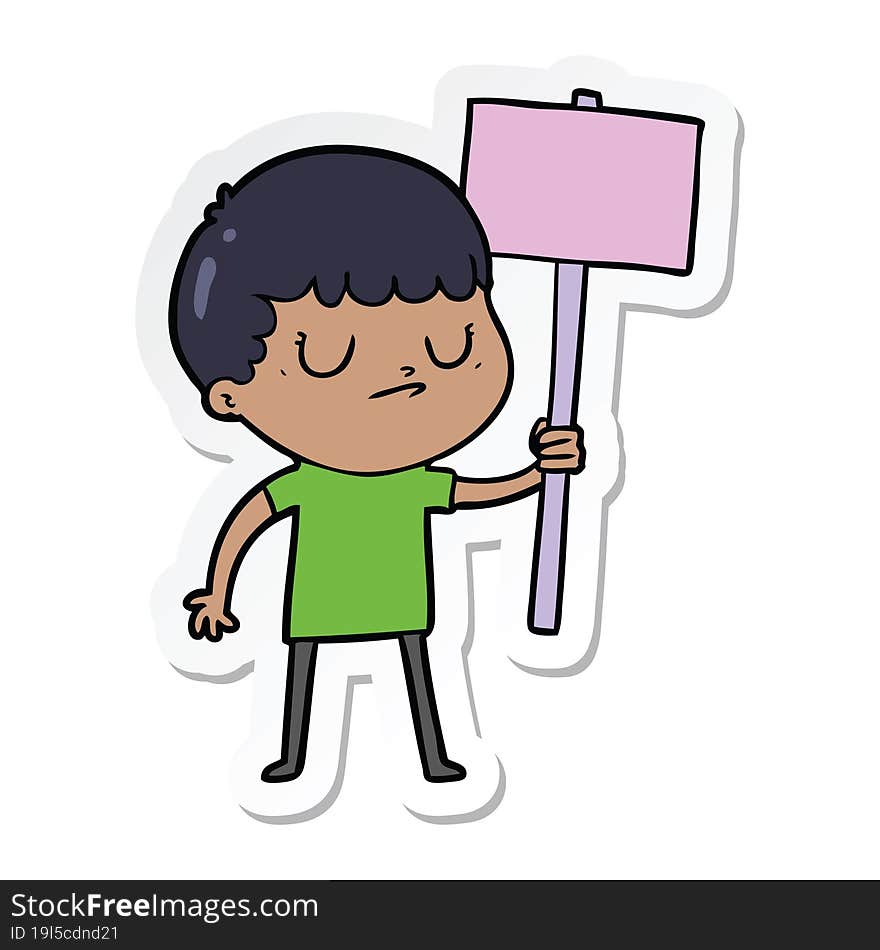 sticker of a cartoon grumpy boy with placard