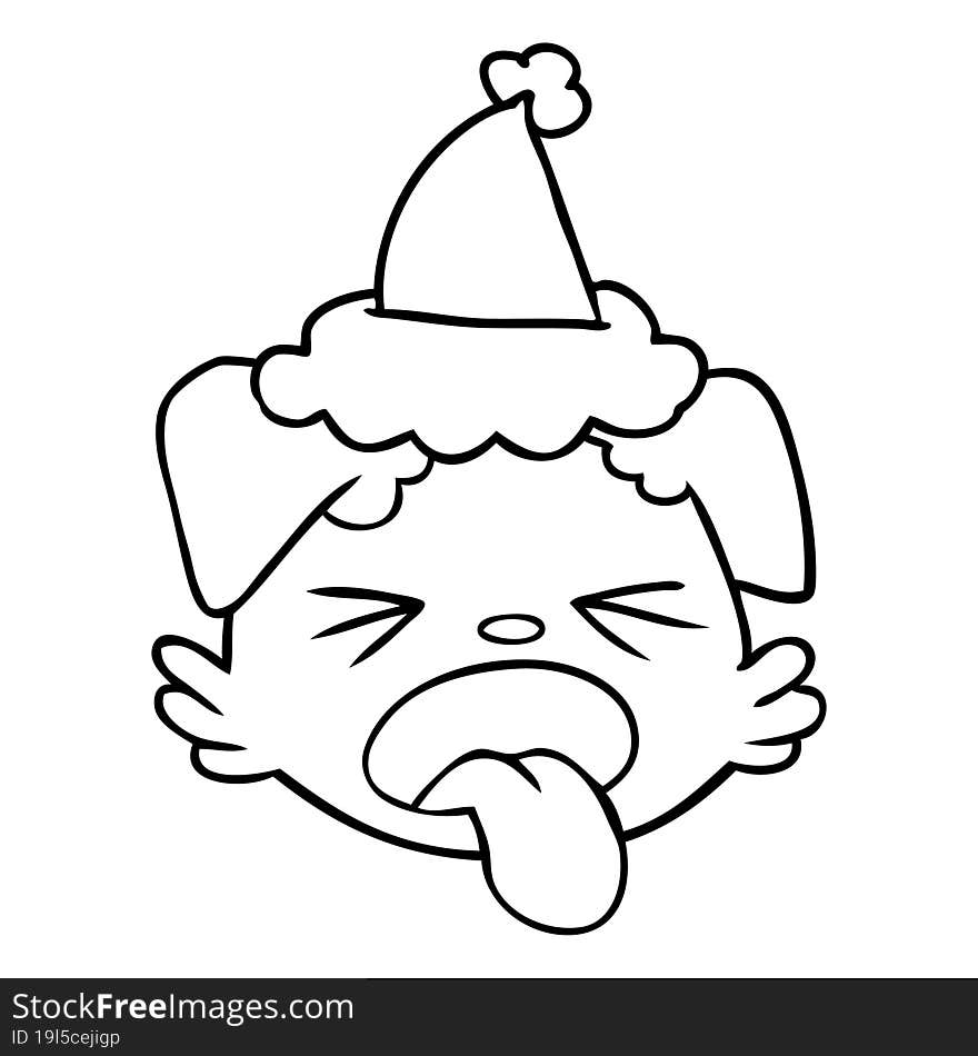 hand drawn line drawing of a dog face wearing santa hat