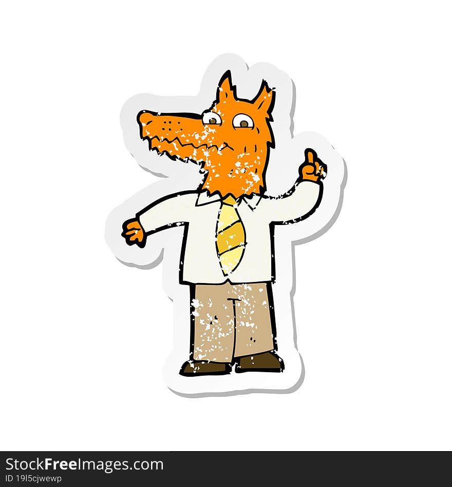 retro distressed sticker of a cartoon business fox with idea