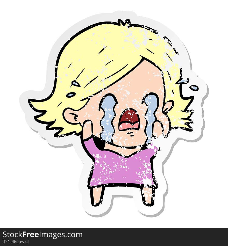 distressed sticker of a cartoon woman crying