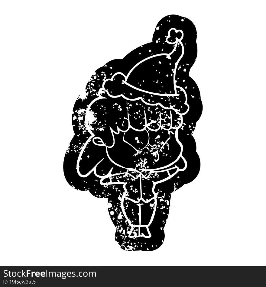 cartoon distressed icon of a whistling girl wearing santa hat