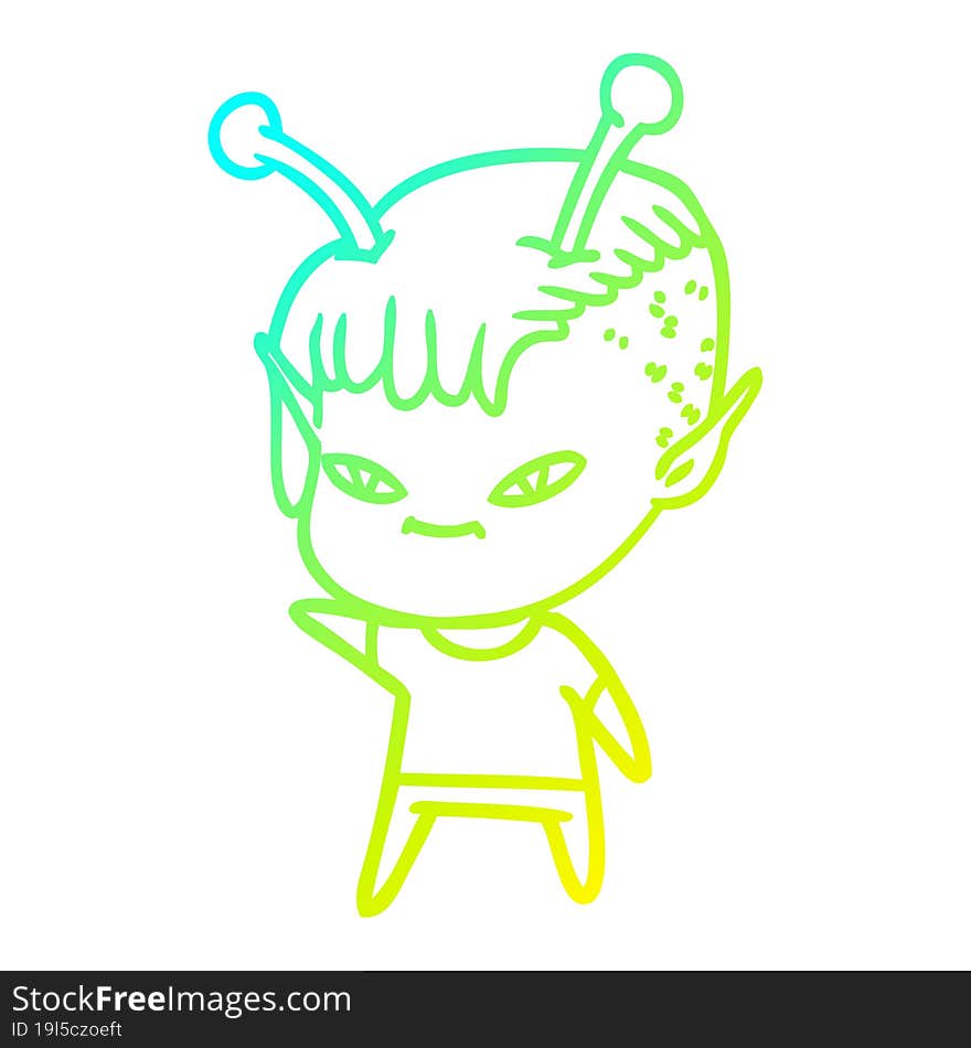 cold gradient line drawing of a cute cartoon alien girl