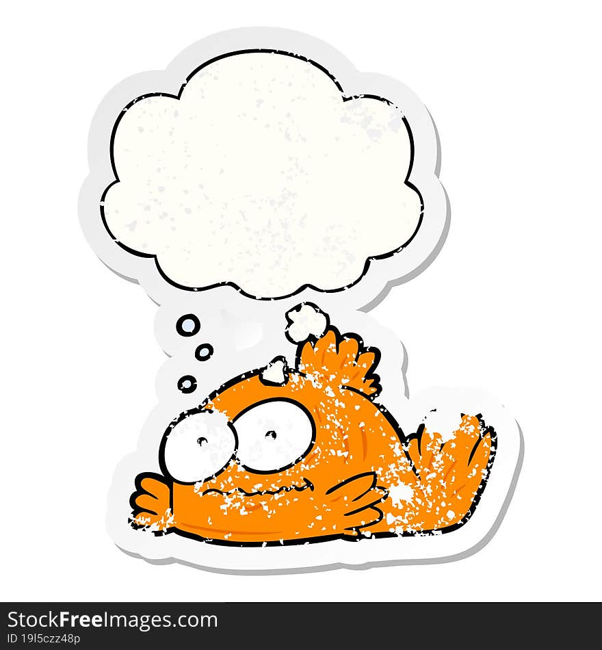 cartoon goldfish and thought bubble as a distressed worn sticker