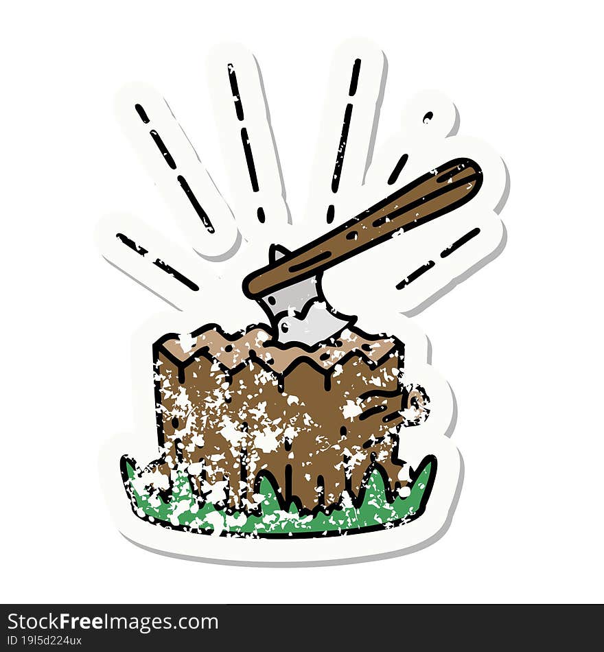 Grunge Sticker Of Tattoo Style Axe In Tree Stump