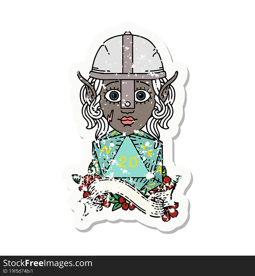 elf fighter character with natural twenty dice roll grunge sticker