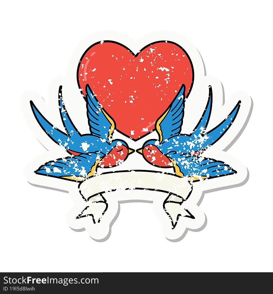 grunge sticker with banner of a swallows and a heart