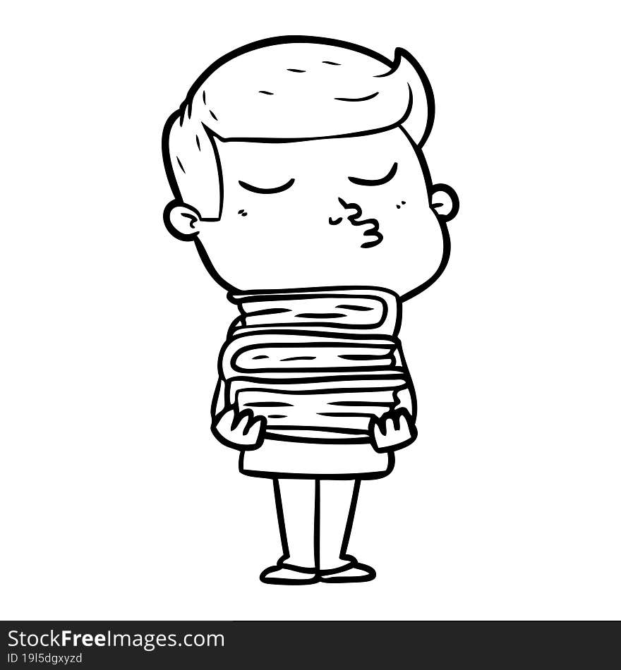 cartoon model guy pouting holding books. cartoon model guy pouting holding books