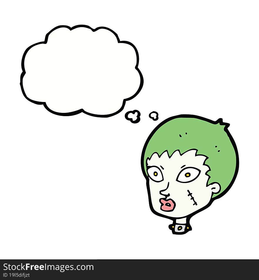 cartoon female zombie head with thought bubble