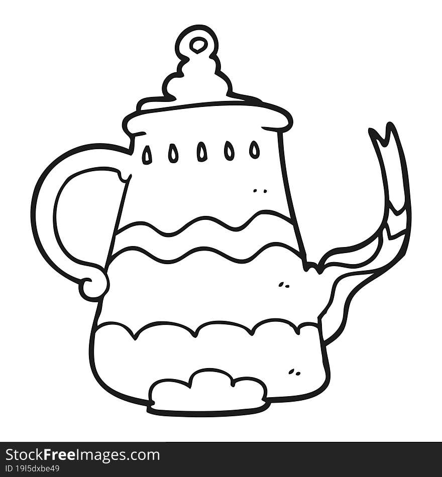 freehand drawn black and white cartoon fancy coffee pot