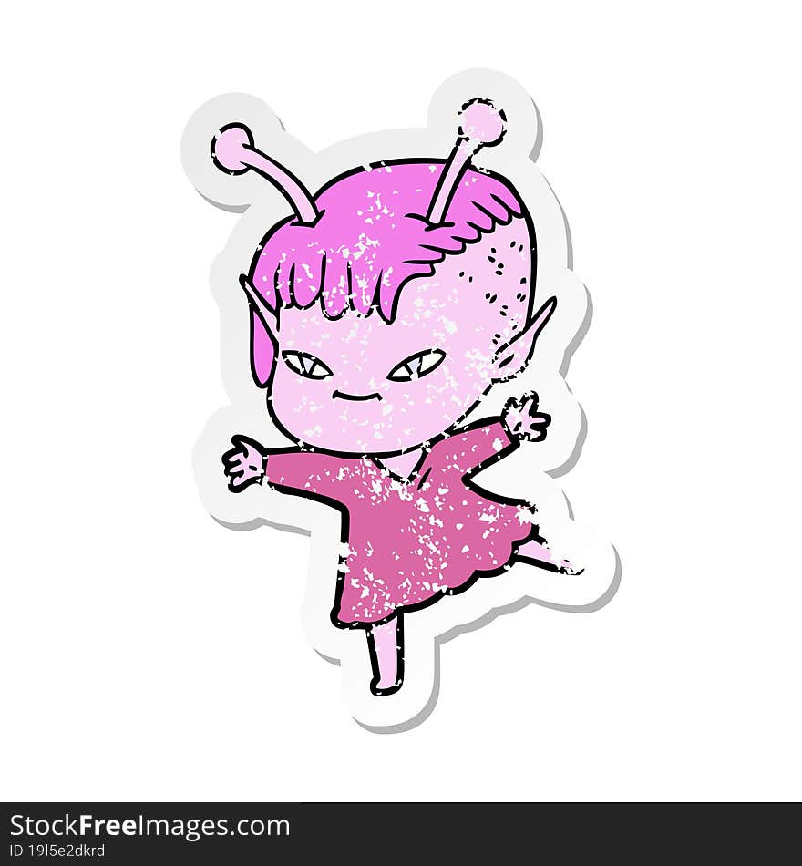 distressed sticker of a cute cartoon alien girl