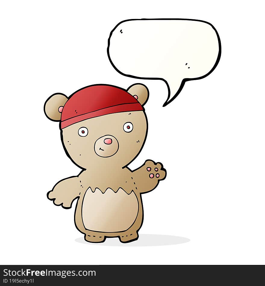 cartoon teddy bear wearing hat with speech bubble