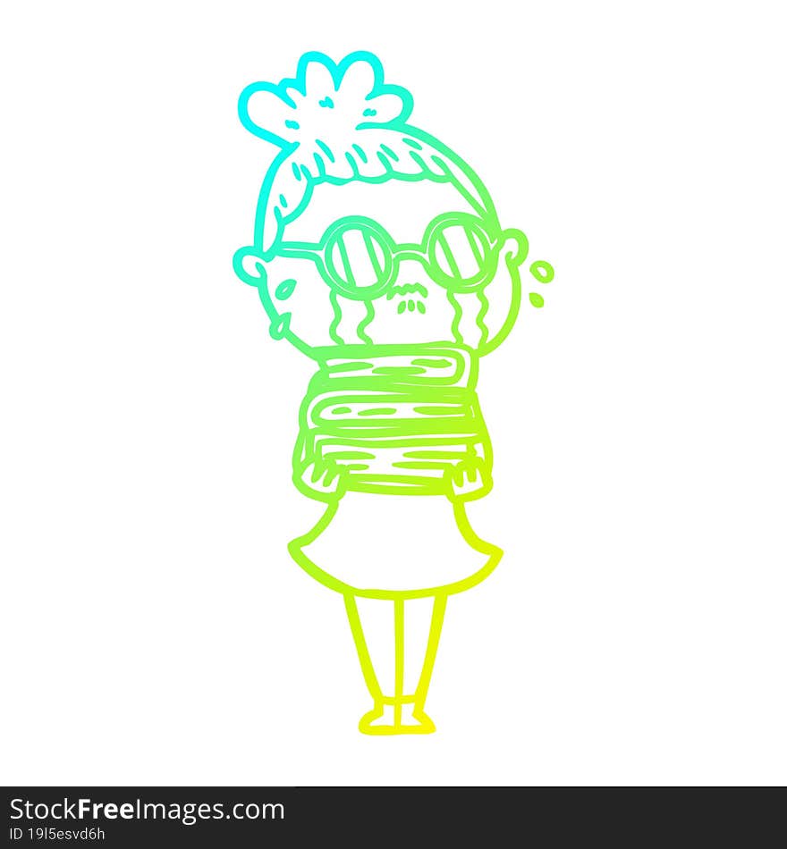 cold gradient line drawing cartoon crying woman wearing spectacles