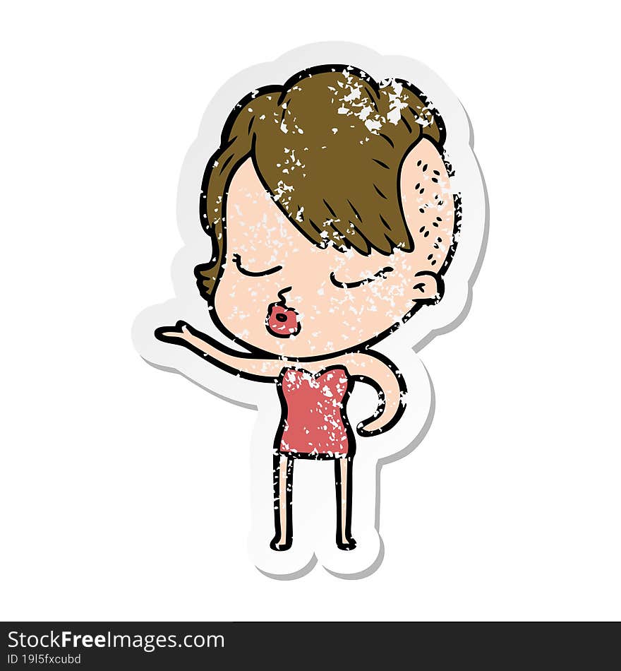 distressed sticker of a cartoon pretty hipster girl