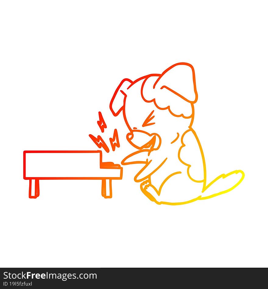 warm gradient line drawing of a cartoon dog rocking out on piano