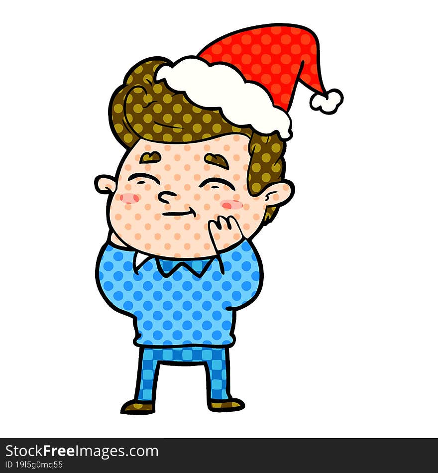 happy comic book style illustration of a man wearing santa hat