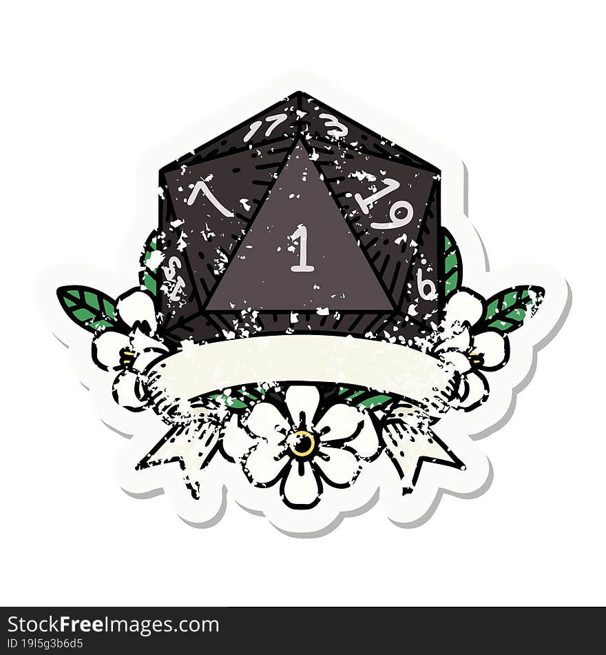 grunge sticker of a natural one d20 dice roll. grunge sticker of a natural one d20 dice roll