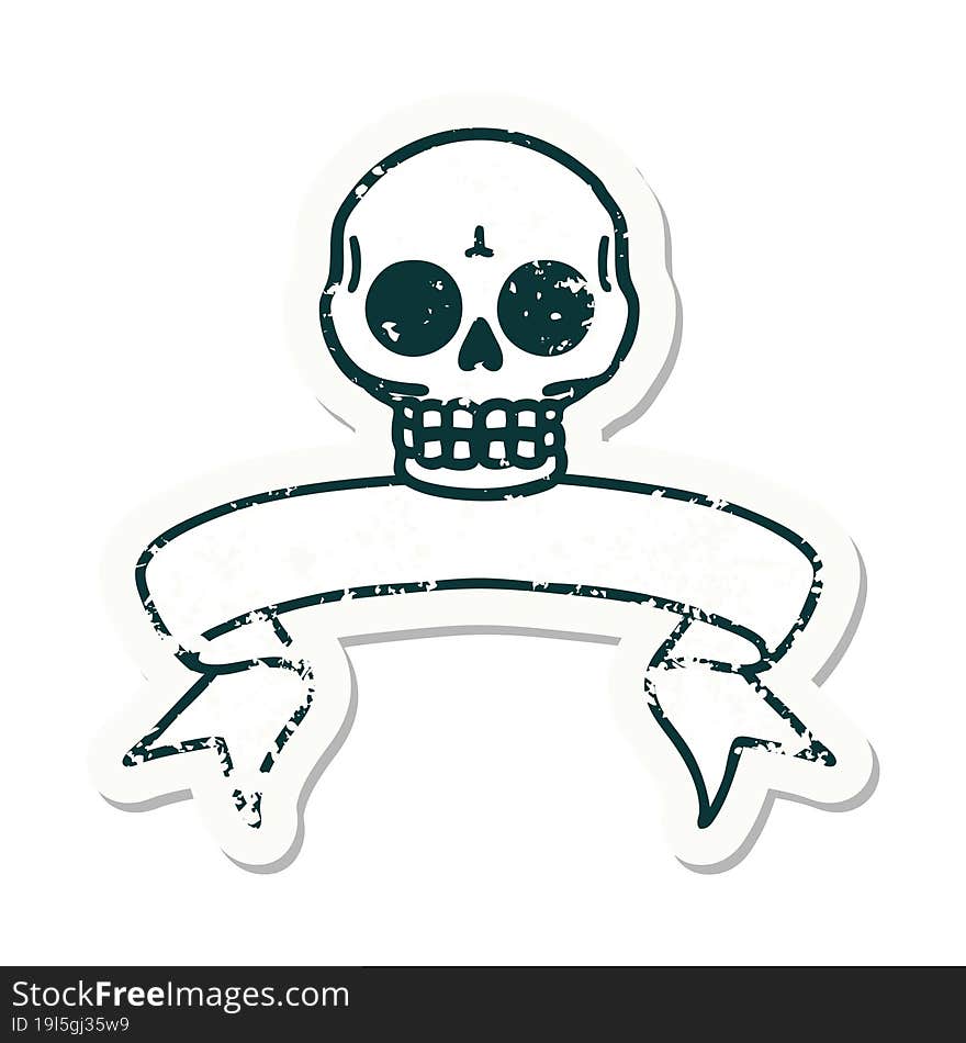 grunge sticker with banner of a skull