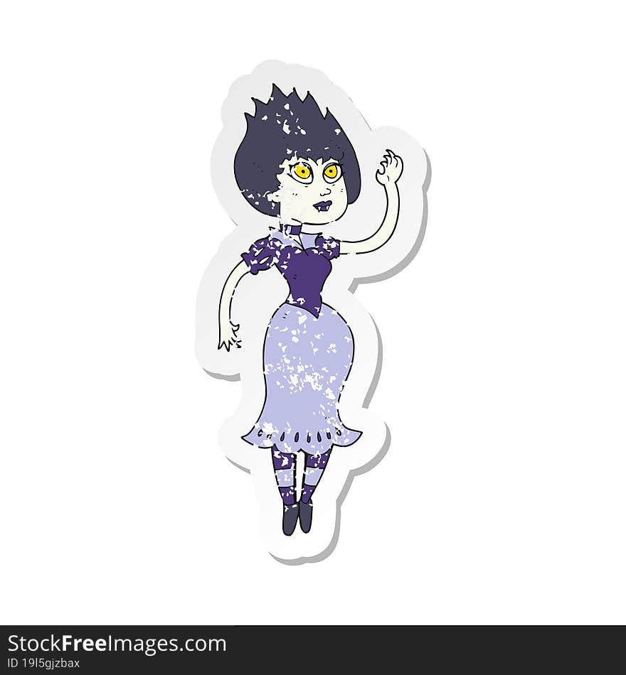 retro distressed sticker of a cartoon vampire girl waving