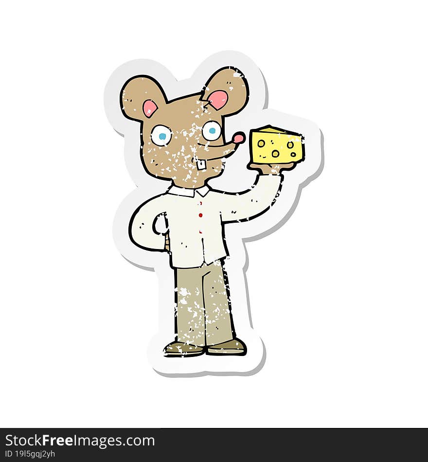 retro distressed sticker of a cartoon mouse holding cheese