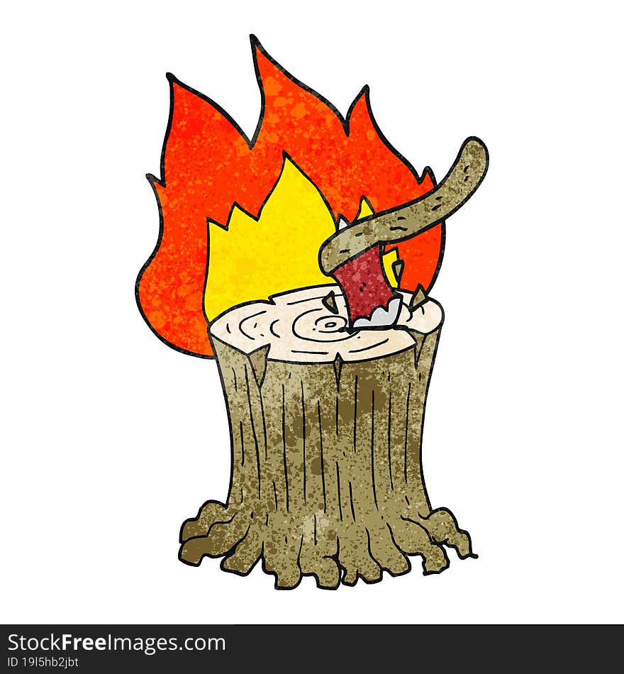 Textured Cartoon Axe In Flaming Tree Stump