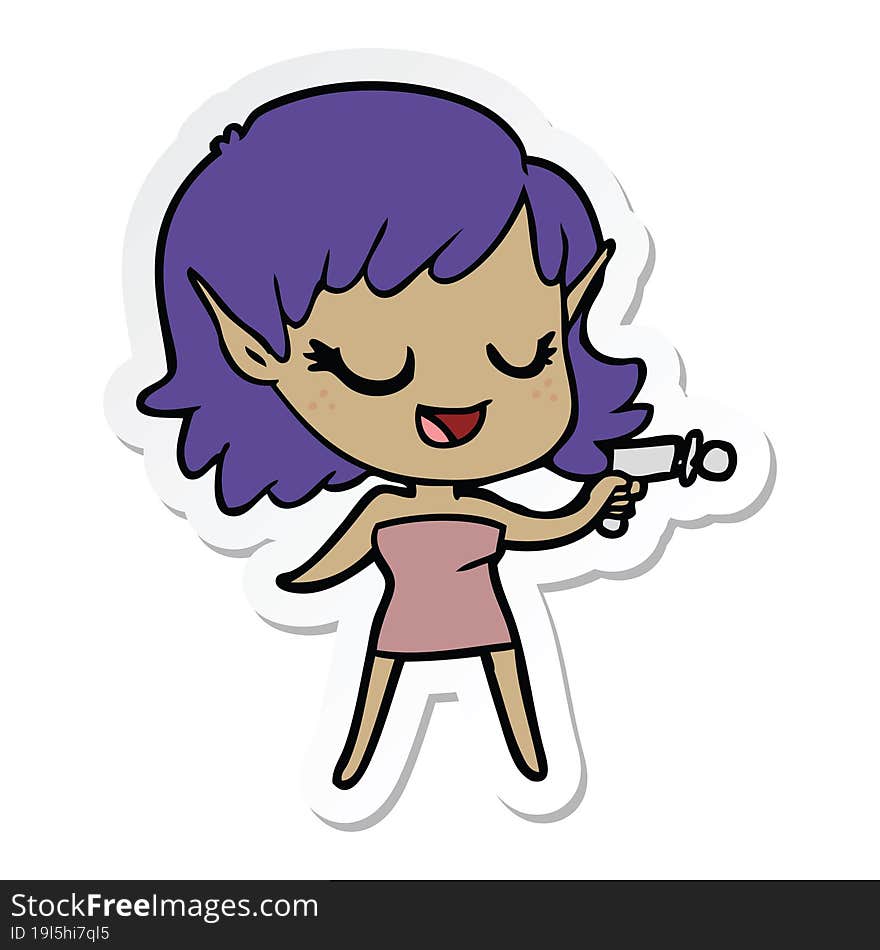 sticker of a happy cartoon space girl with ray gun