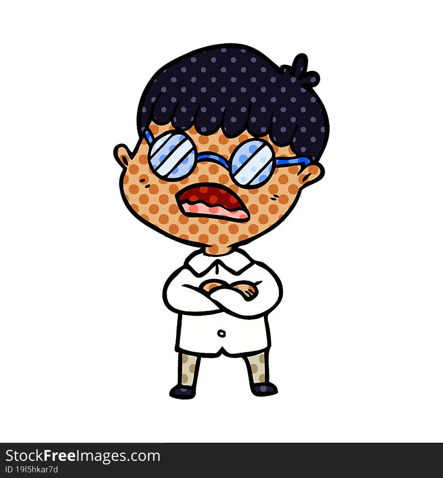 cartoon boy with crossed arms wearing spectacles. cartoon boy with crossed arms wearing spectacles