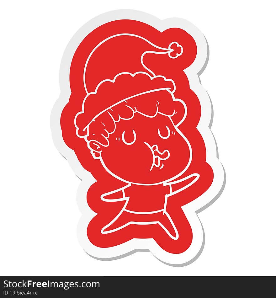 cartoon  sticker of a man singing wearing santa hat